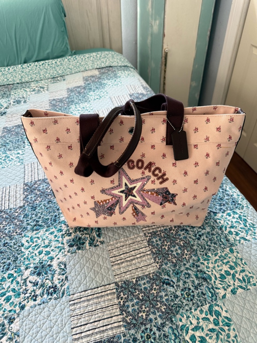 Coach Pink floral ditsy Star light canvas Tote with Dark Brown Handles